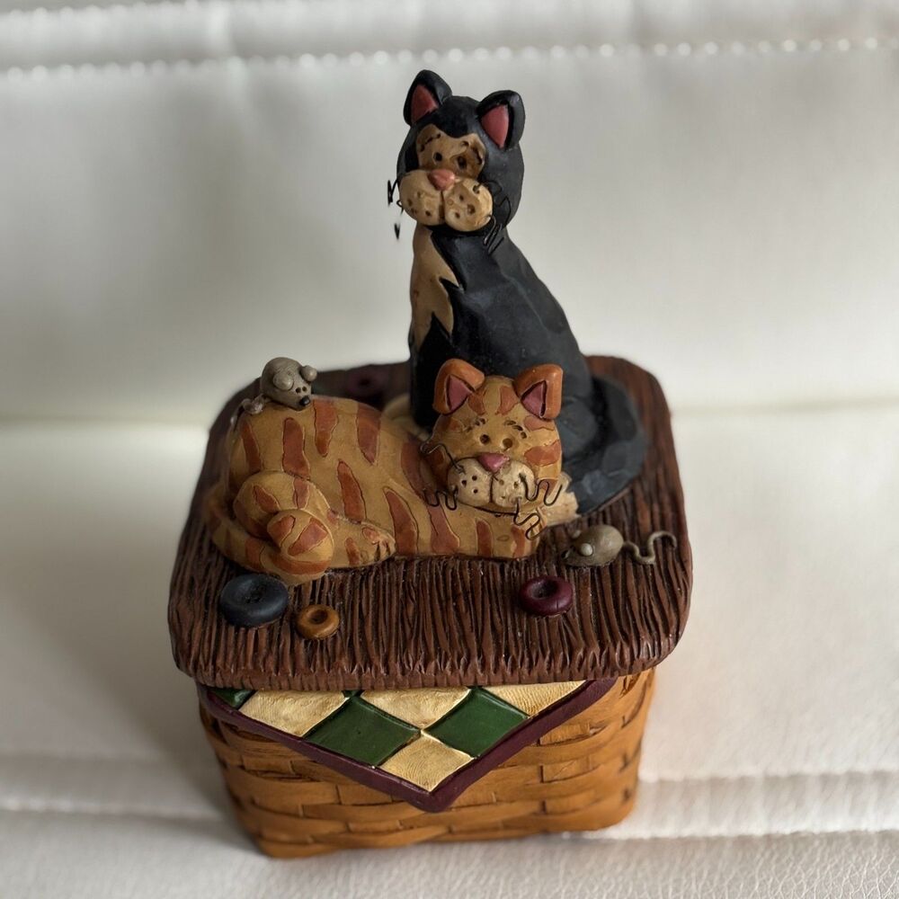 Suzi Skoglund Cats & Mice Trinket Box Basket Figurine Orange Black Cats Folk Art